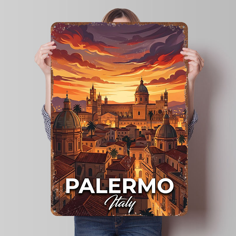Retro Gaming At - Palermo Italy Cityscape At Sunset Printed