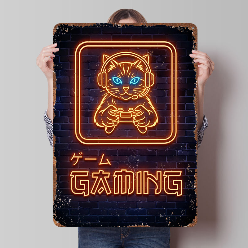 Neon Gaming Cat Printed Poster - Retro Gaming At ulasan dan harga